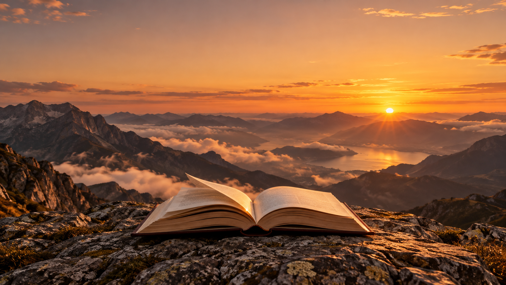 Un libro aperto sulla cima di un monte, illuminato dalla luce del tramonto.